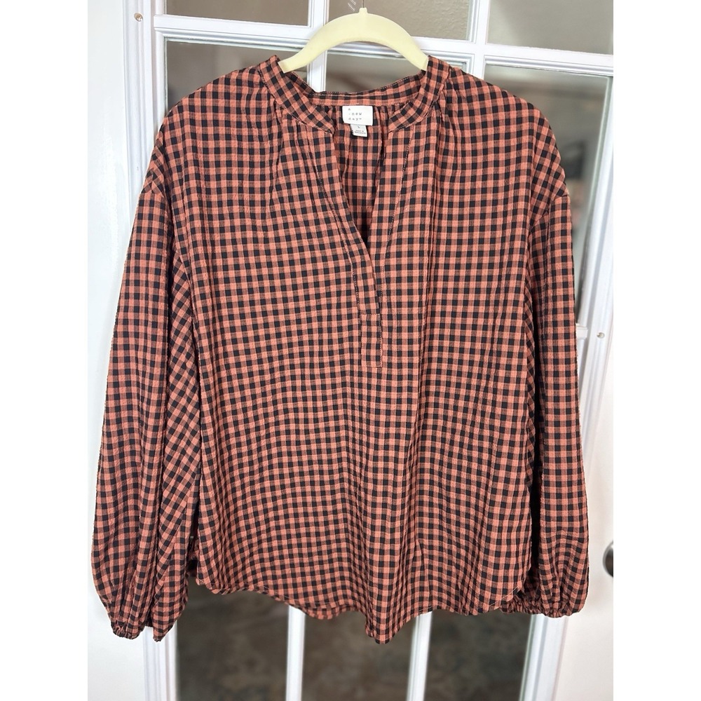 A New Day Orange And Black Checked V-Neck Peasant Blouse Autumn Halloween Large